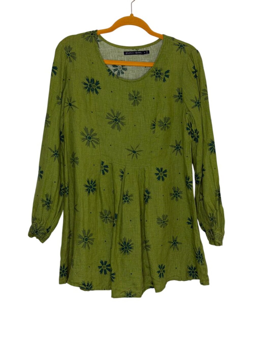 Gudrun Sjoden Linen Tunic Top Blouse Shirt Pleated Floral Green S